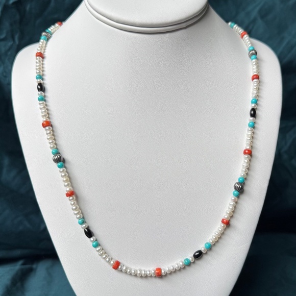 Vintage Carolyn Pollack Pearl Necklace Red Coral Turquoise American West 24" - Picture 4 of 14